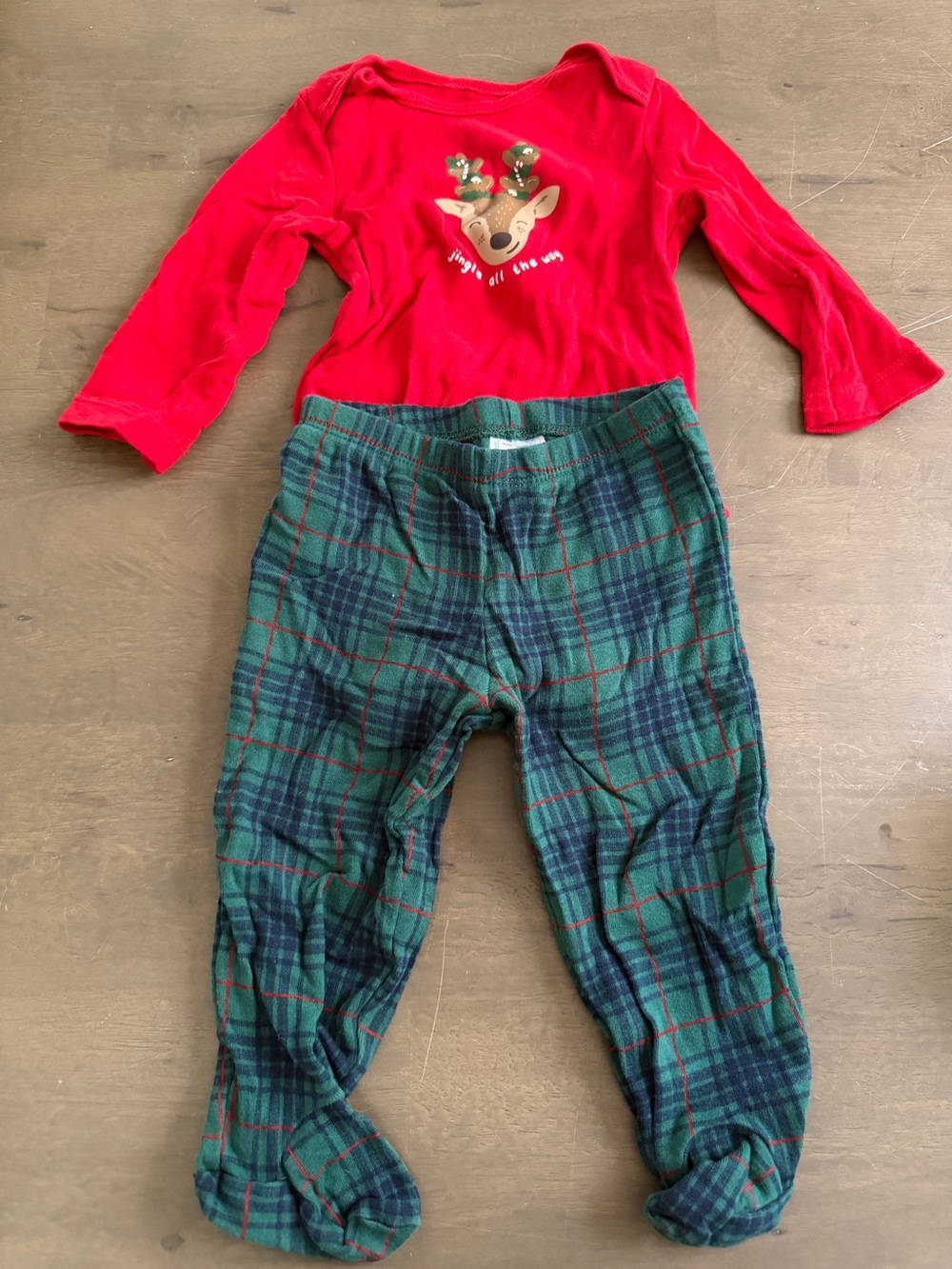 2pc Unisex Baby Red Reindeer Top with Green Plaid Footed Pants